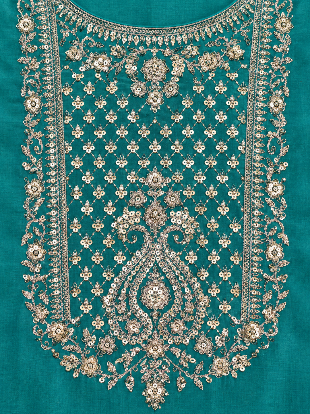 Teal Blue Embroidered Silk Blend Straight Suit Set