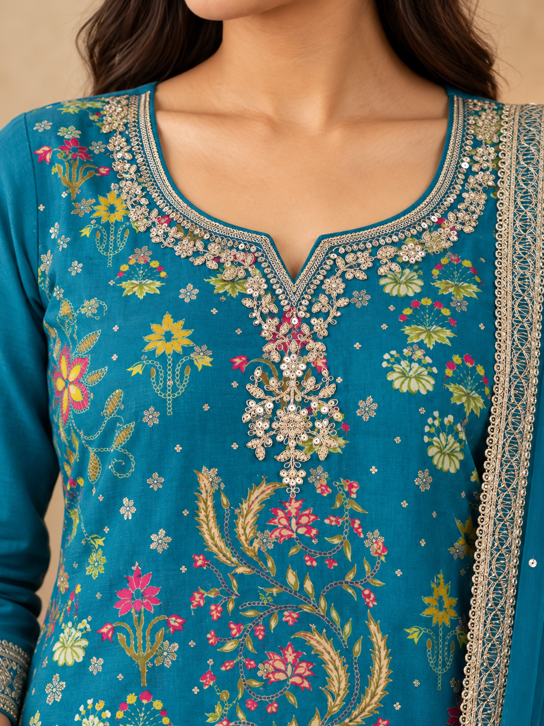 Teal Blue Embroidered Silk Blend Kurta Set with Dupatta