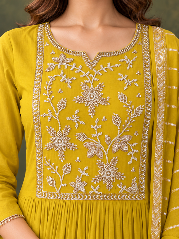 Mustard Chanderi Silk Anarkali Suit Set with Embroidered Dupatta