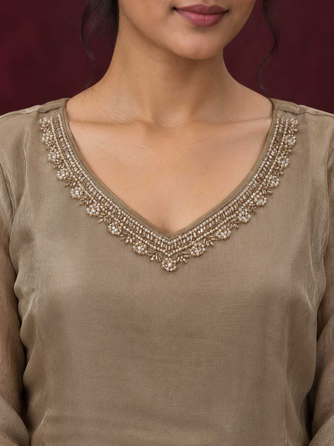 Taupe Brown Mul Chanderi Floral Embroidered Straight Kurta Set