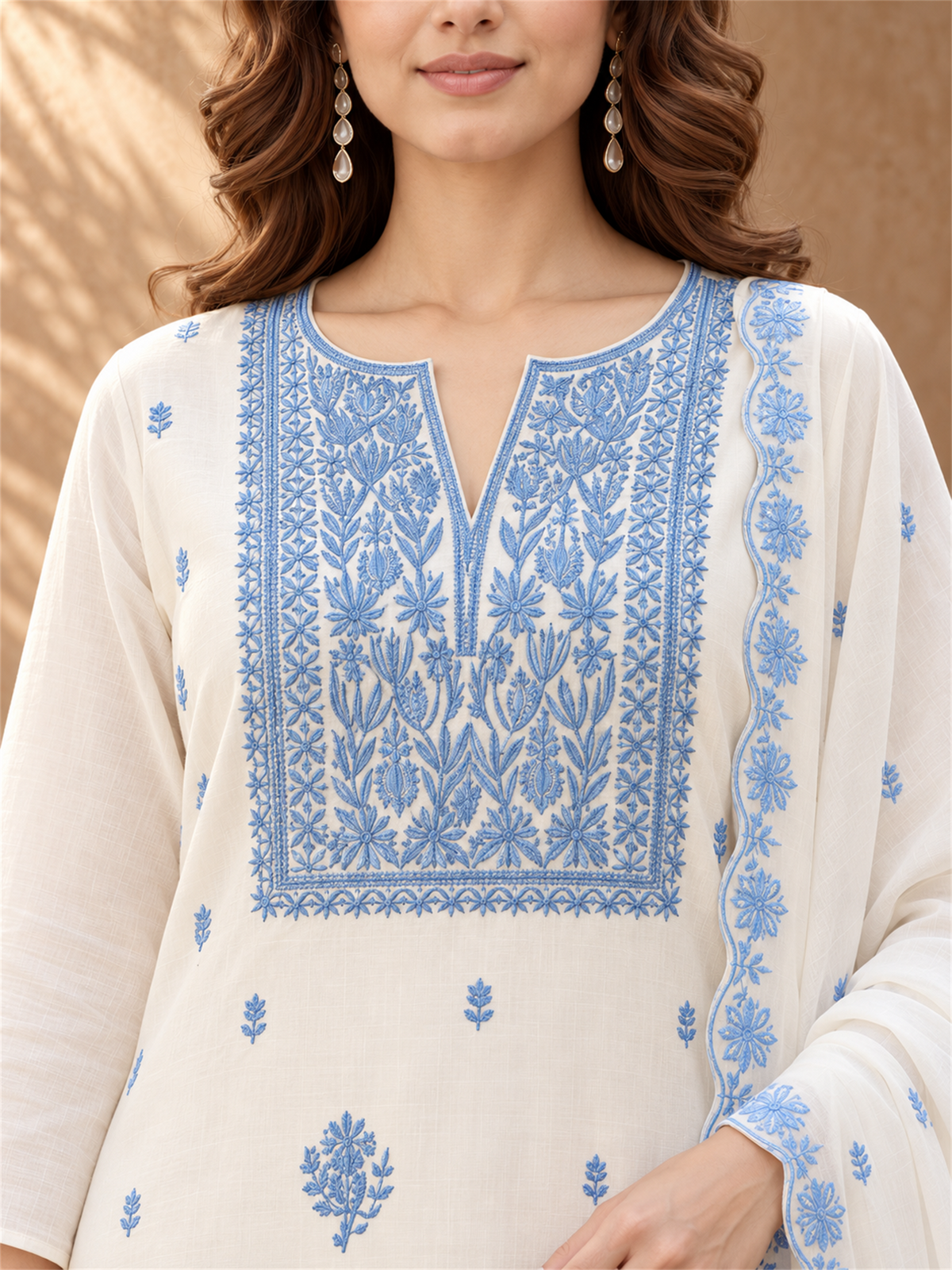 Ivory White & Sky Blue Embroidered Mul Chanderi Kurta Set with Dupatta