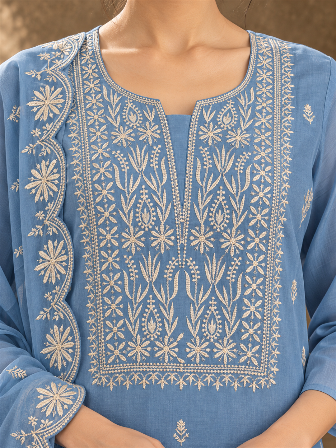 Powder Blue Embroidered Mul Chanderi Kurta Palazzo Set with Dupatta