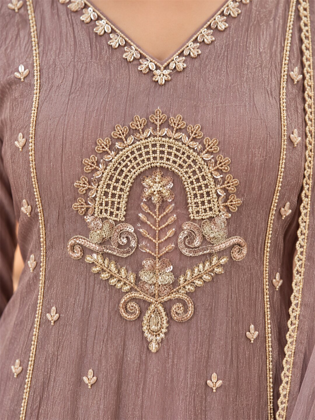 Dusty Mauve Embroidered Poly Silk Anarkali Suit Set with Dupatta