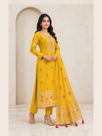 Women's Yellow Chanderi Cotton Embroidered Kurta With Trouser And Dupatta
