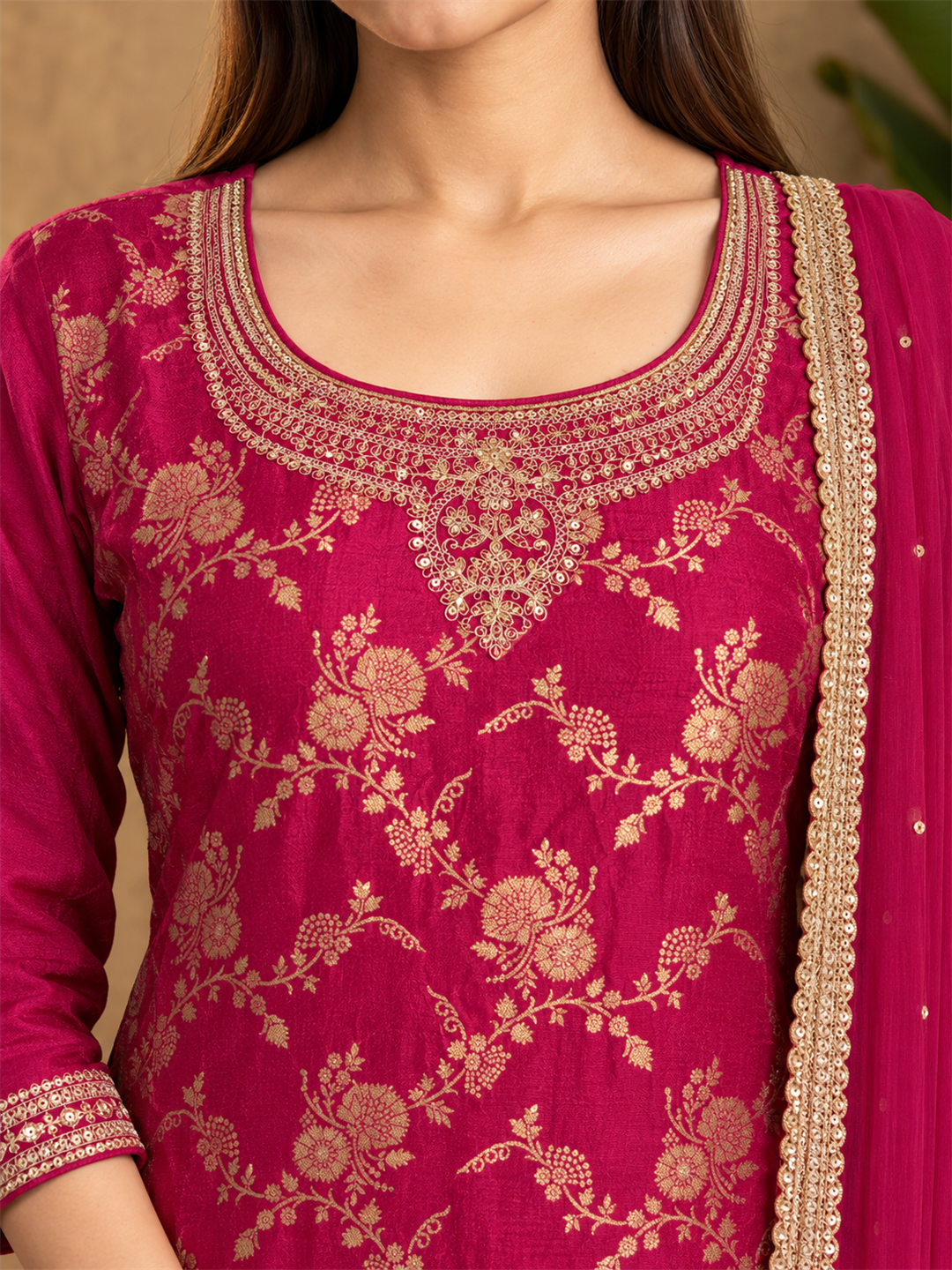 Bright Pink Embroidered Silk Blend Sharara Suit with Dupatta