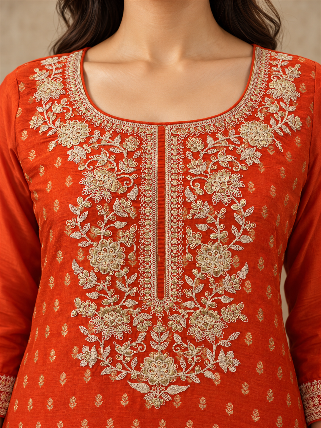 Rust Orange Jacquard Kurta Set with Striped Dupatta