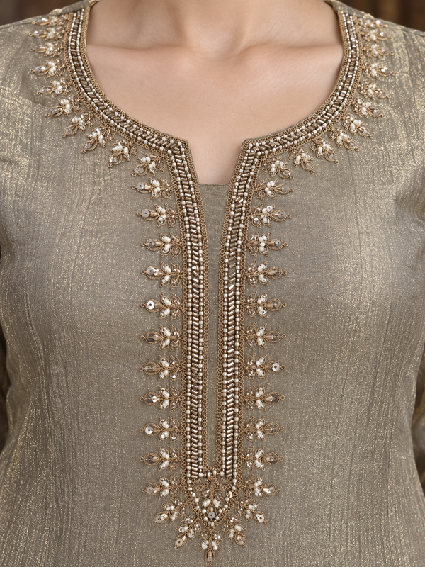 Taupe Poly Silk Embroidered Kurta Palazzo Set with Dupatta