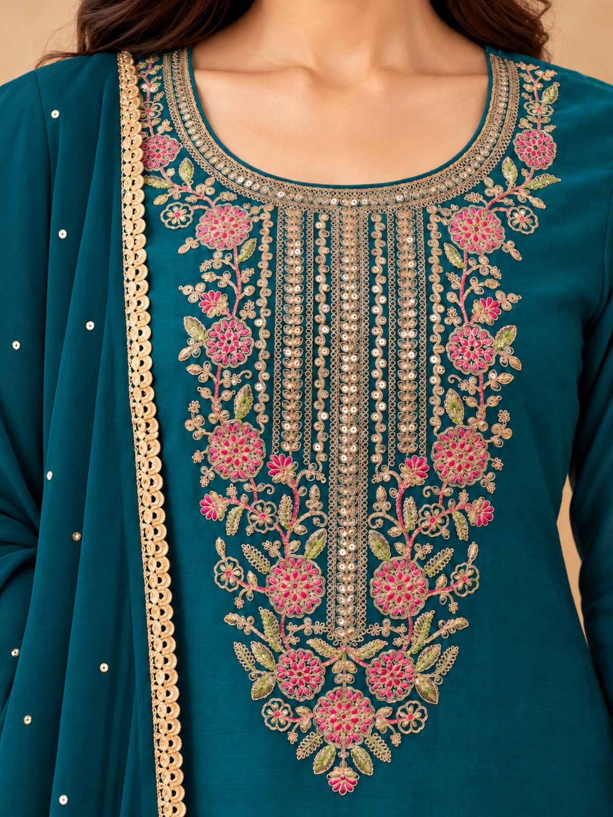 Teal Blue Silk Blend Floral Embroidered Kurta Trouser Set with Dupatta & Inner