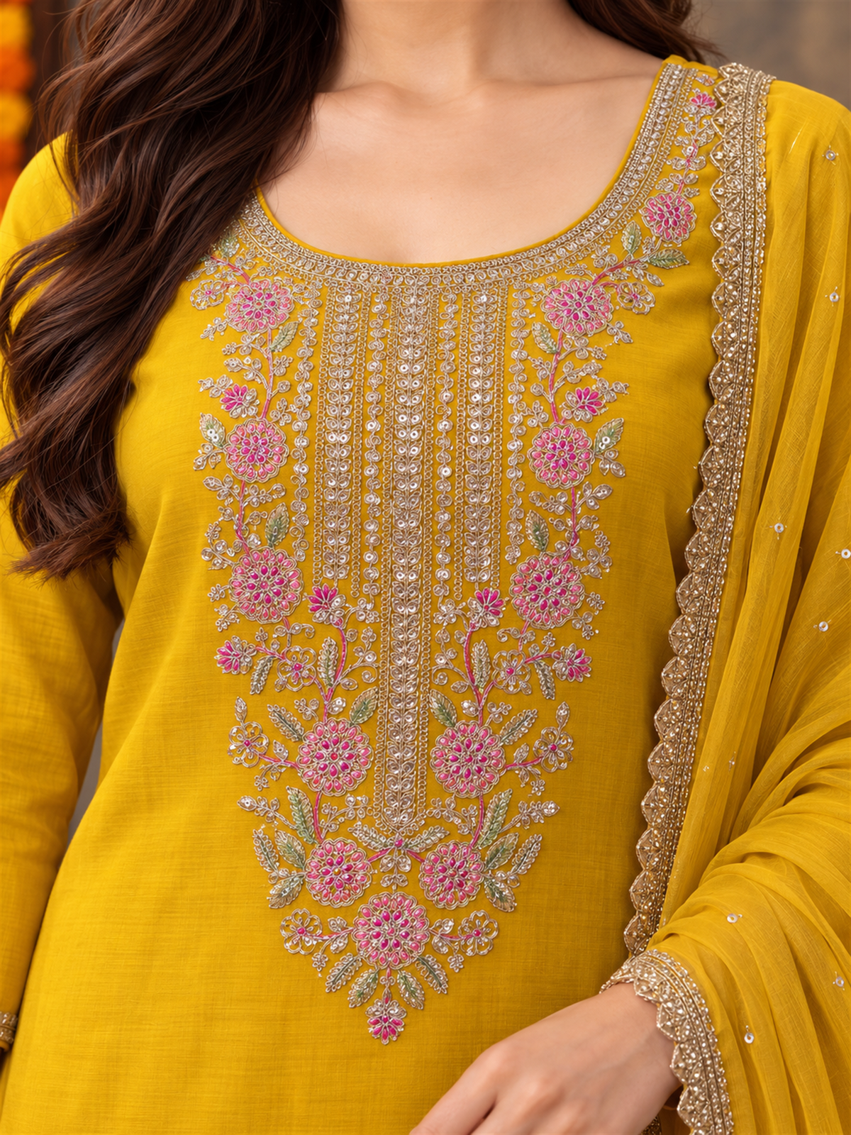 Mustard Silk Blend Floral Embroidered Kurta Trouser Set with Dupatta & Inner