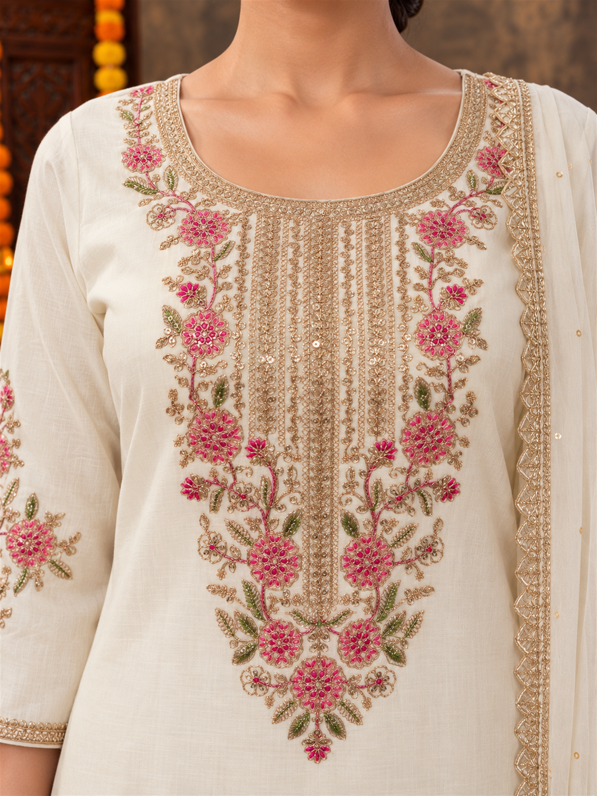 Ivory White Silk Blend Floral Embroidered Kurta Trouser Set with Dupatta & Inner
