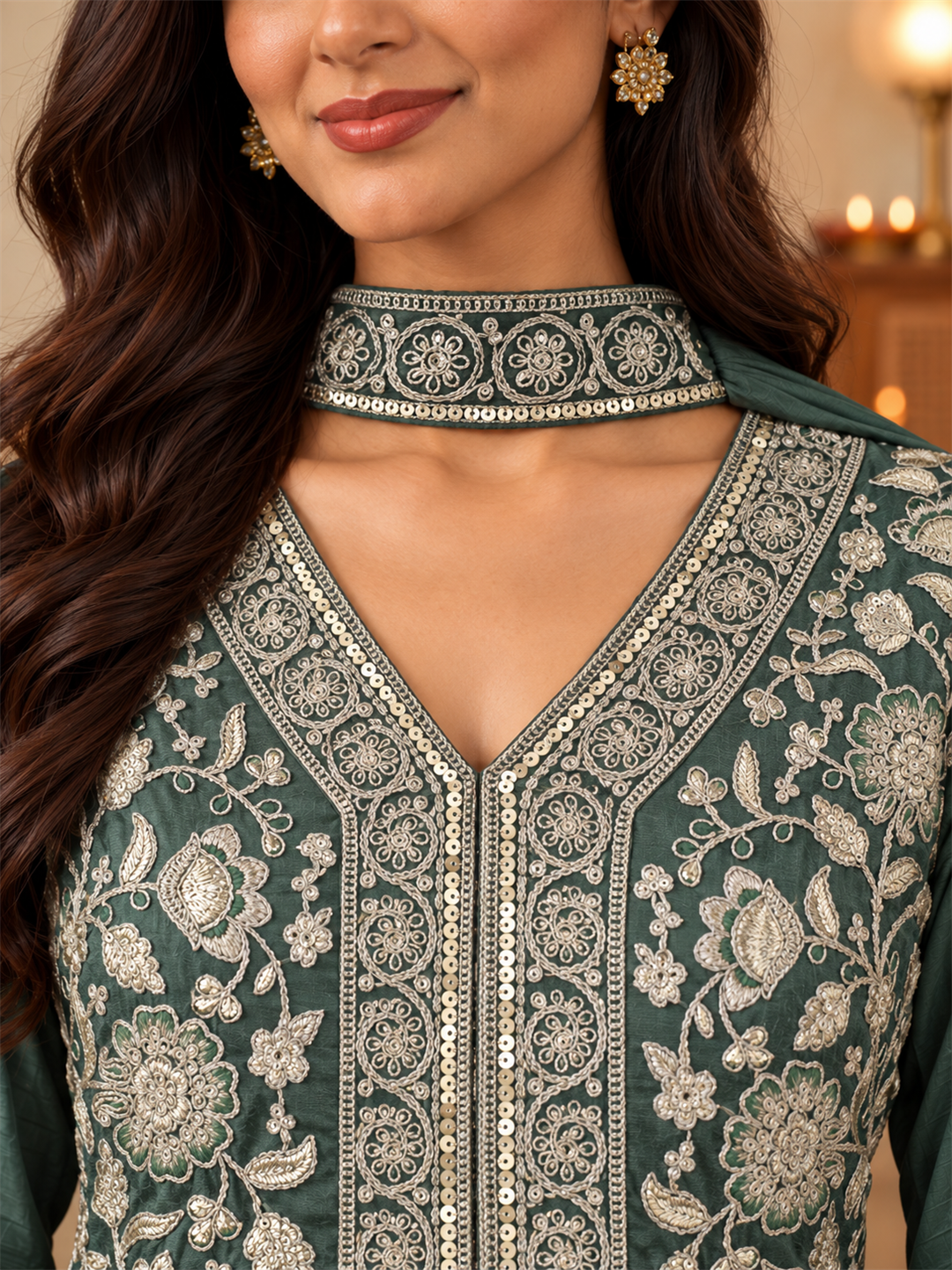 Olive Green Pure Silk Embroidered Kurta Sharara Set with Cape Dupatta