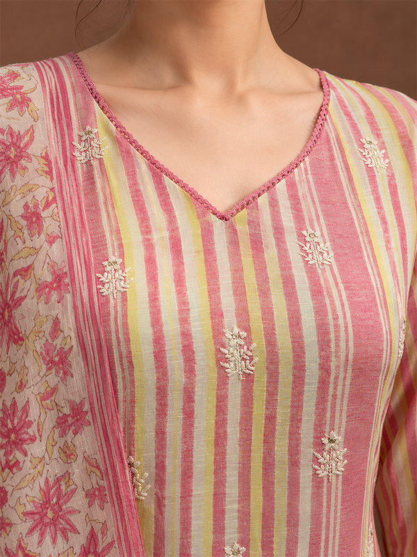 Rose Pink Striped Linen Suit Set with Floral Dupatta