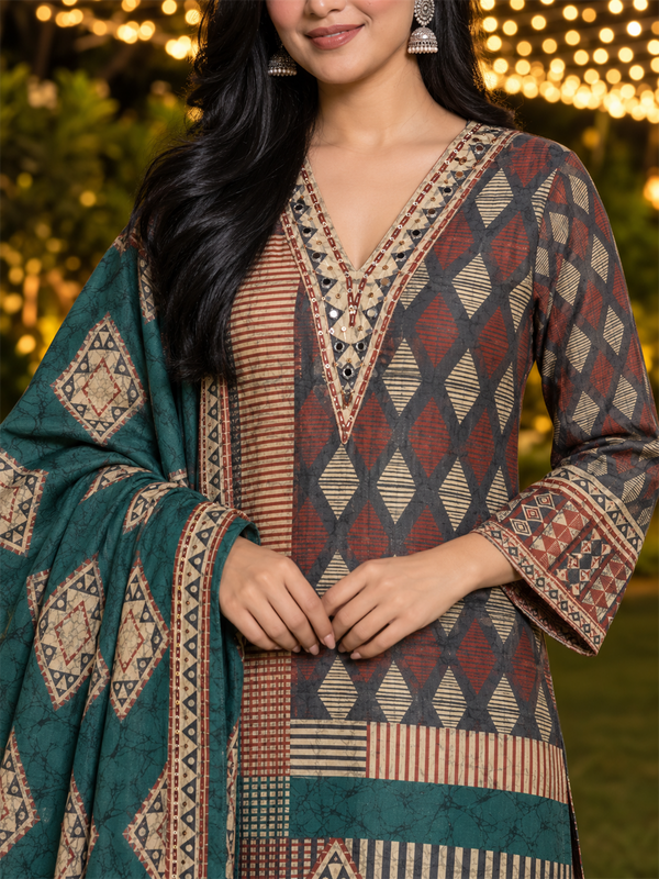 Teal Green & Charcoal Grey Geometric Printed Silk Blend Straight Kurta Trouser Set with Dupatta