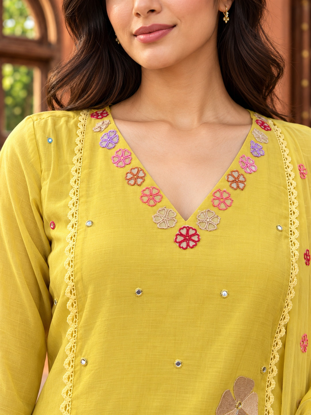 Yellow Floral Embroidered Mul Chanderi Suit Set