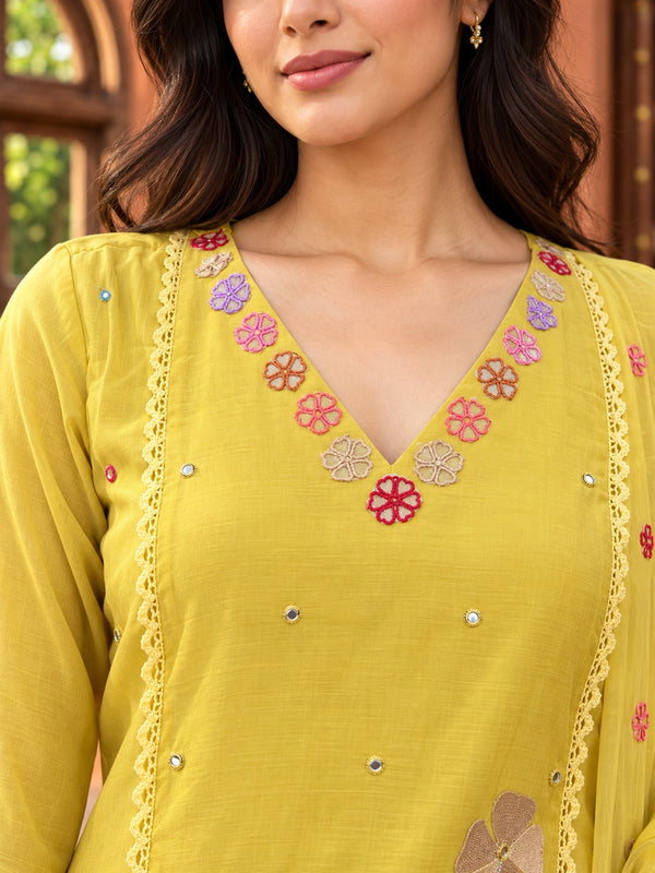 Yellow Floral Embroidered Mul Chanderi Suit Set