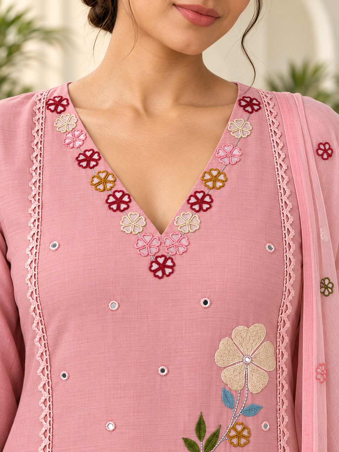 Pink Floral Embroidered Mul Chanderi Straight Kurta Trouser Set with Dupatta