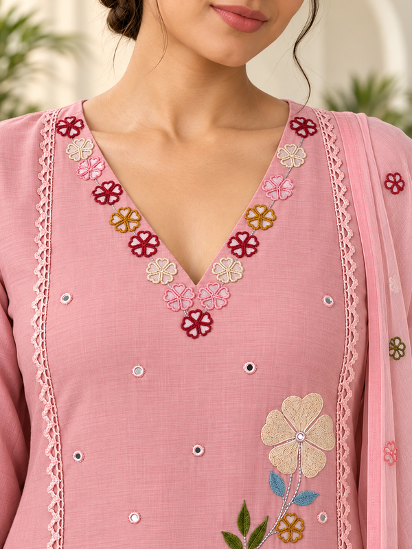 Pink Floral Embroidered Mul Chanderi Straight Kurta Trouser Set with Dupatta