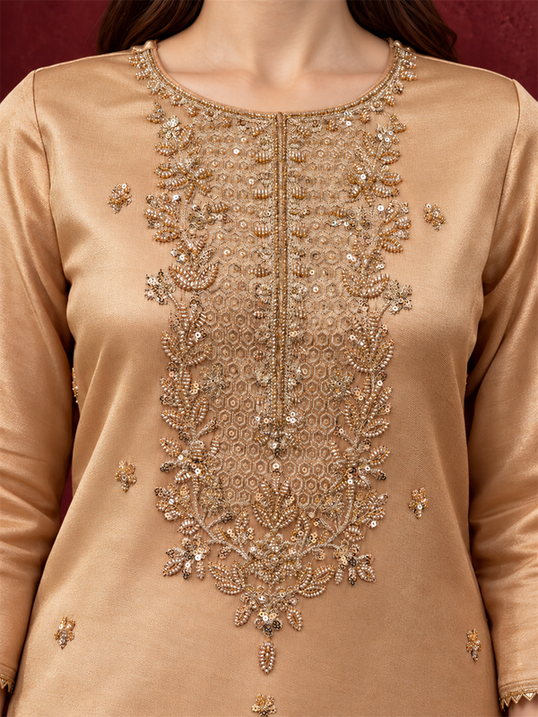 Champagne Gold Embroidered Pure Silk Suit Set