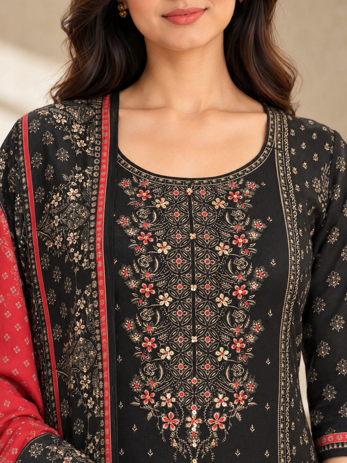 Black Silk Blend Printed Kurta Pant Set with Red Dupatta