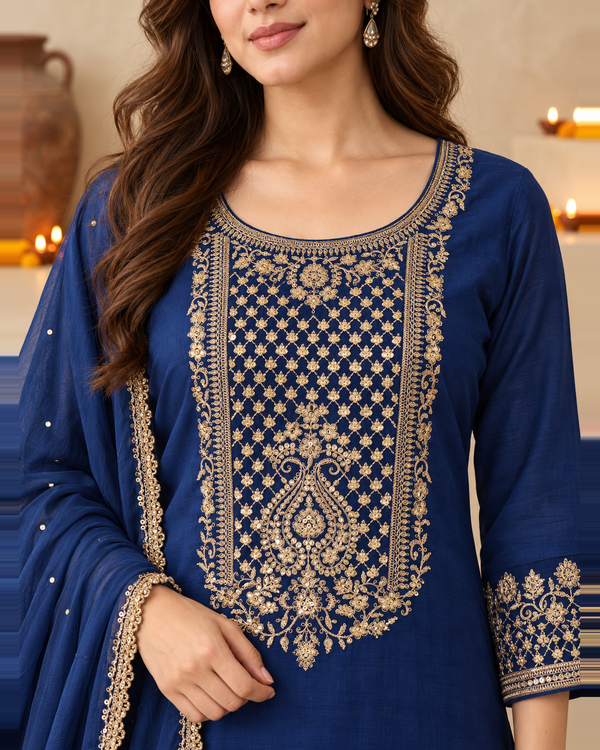 Royal Blue Silk Blend Golden Embroidered Kurta Trouser Set with Dupatta & Inner