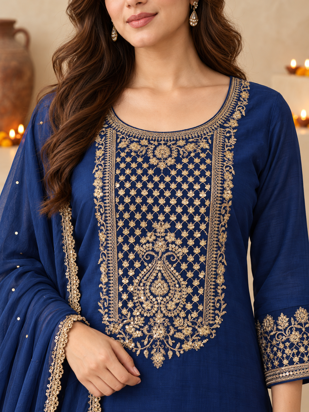 Royal Blue Silk Blend Golden Embroidered Kurta Trouser Set with Dupatta & Inner