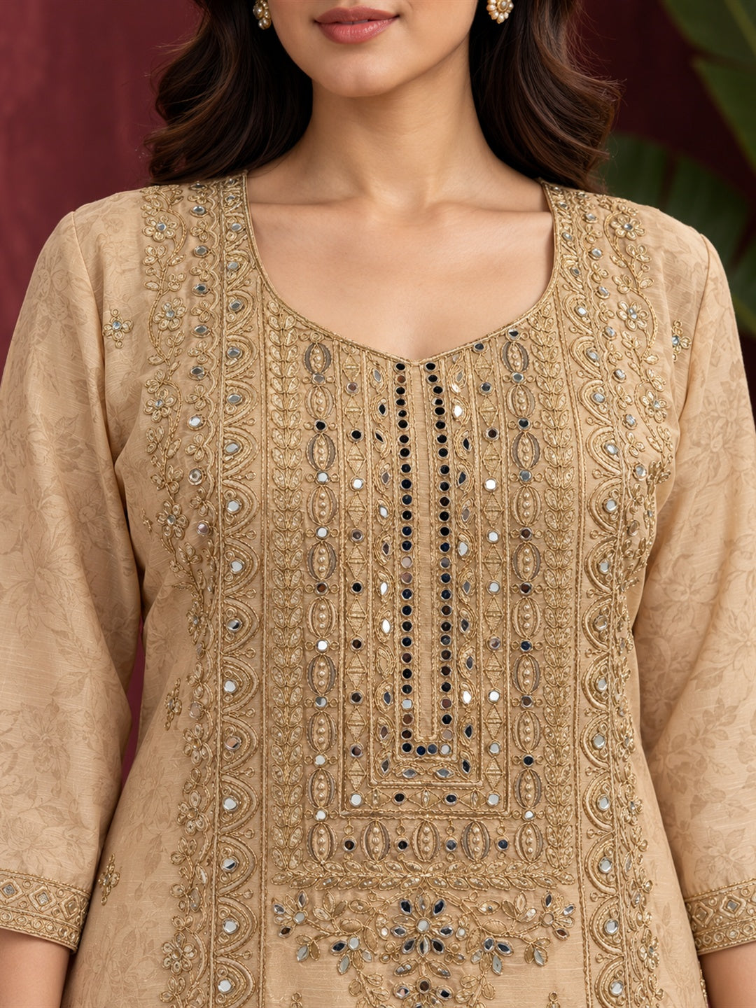 Beige Floral Embroidered Pure Silk Palazzo Suit Set