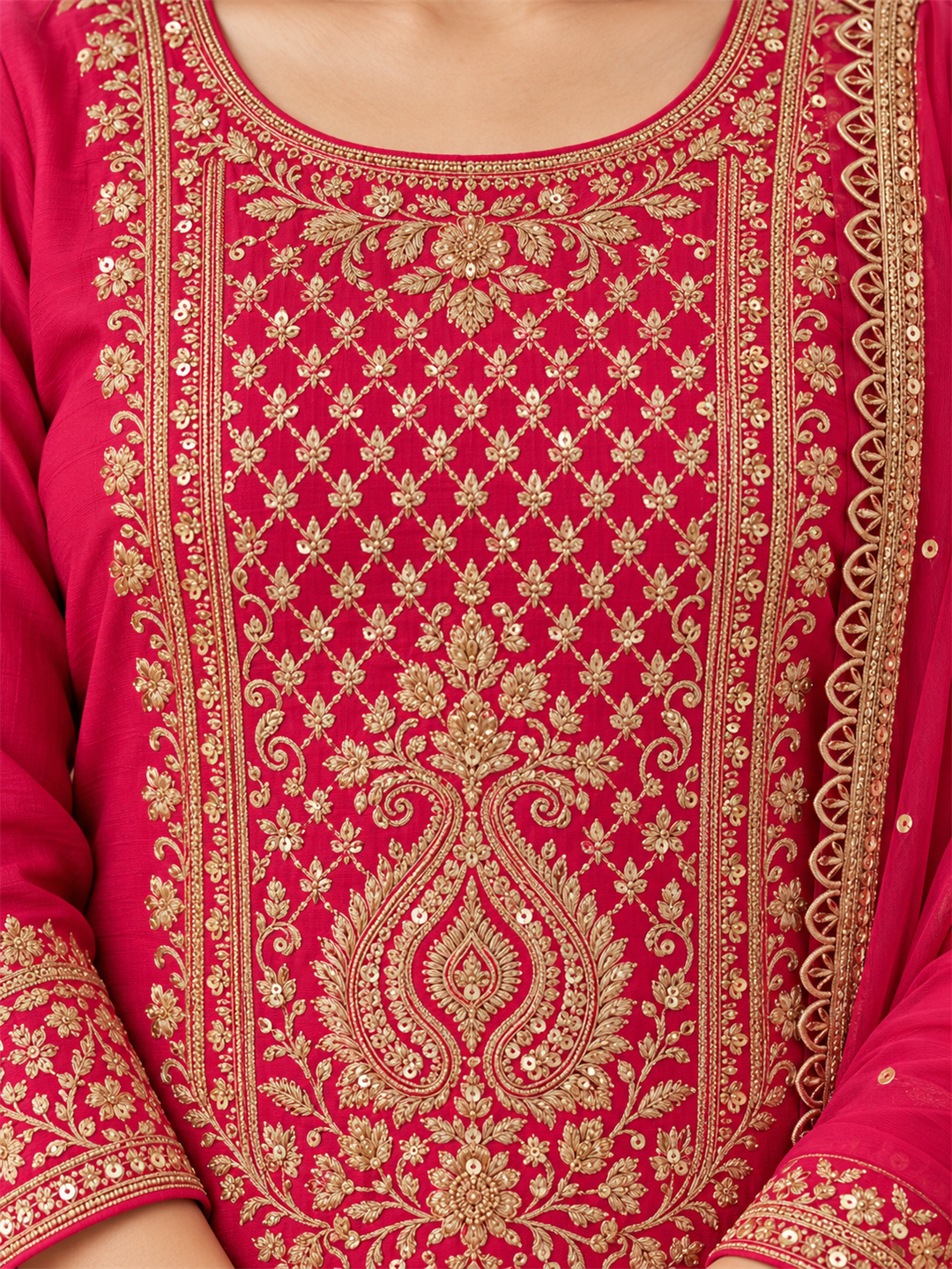 Rani Pink Silk Blend Golden Embroidered Kurta Trouser Set with Dupatta & Inner