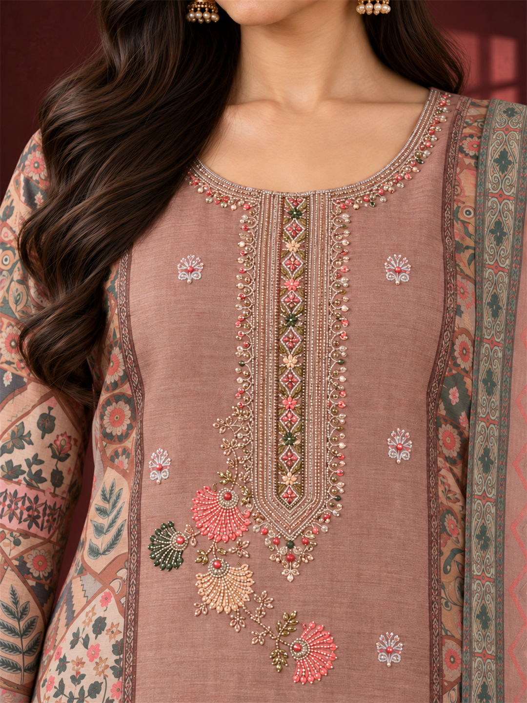 Dusty Rose Pink Floral Embroidered Mul Chanderi Straight Kurta Trouser Set with Printed Dupatta