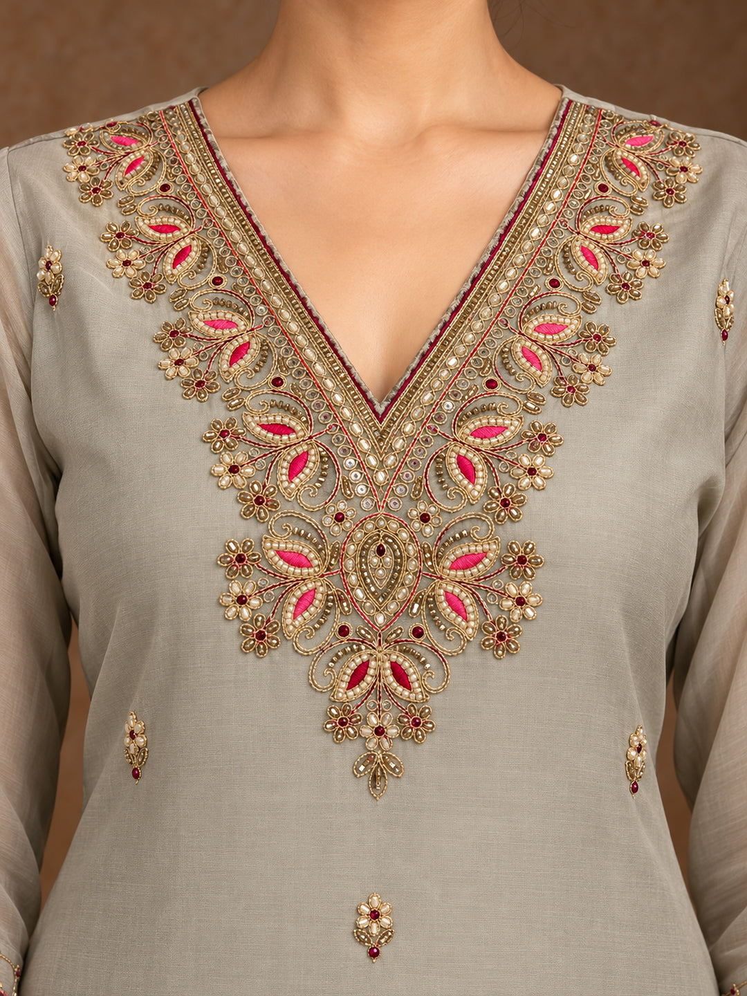 Grey Silk Blend Embroidered Straight Suit Set with Floral Dupatta