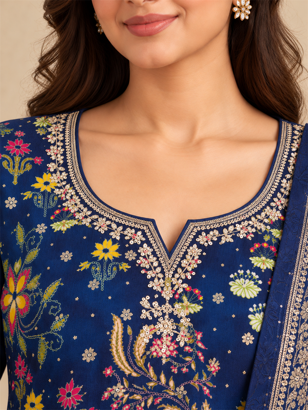 Royal Blue Floral Printed Silk Blend Suit Set