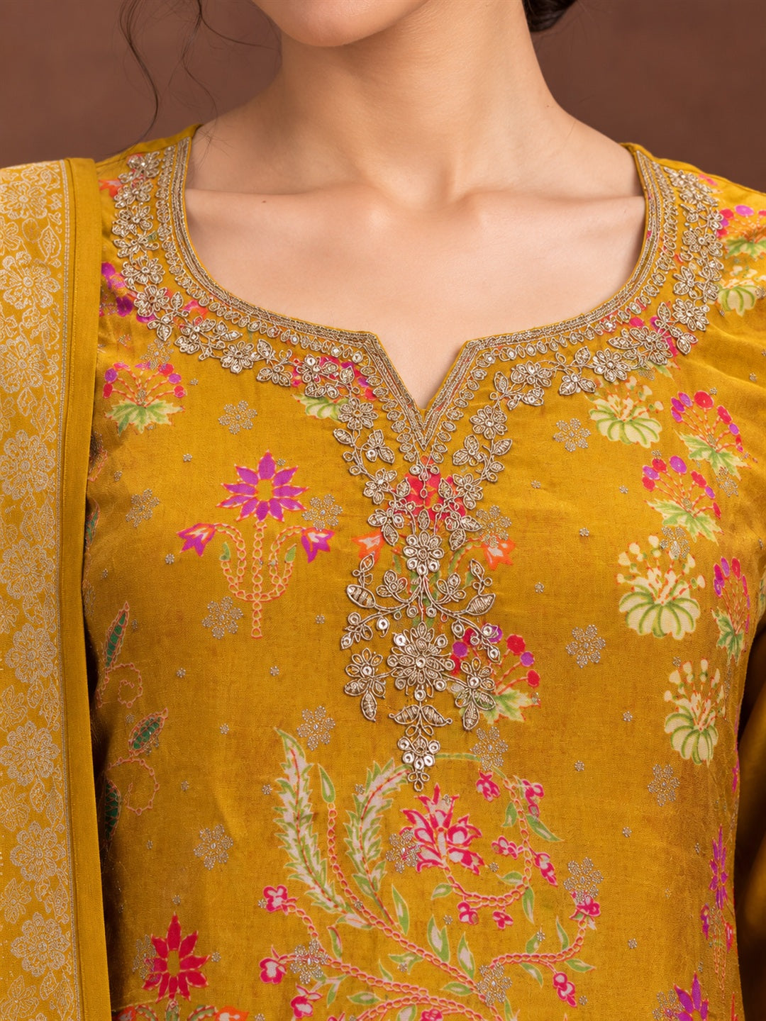 Mustard Floral Silk Blend Suit Set with Dupatta
