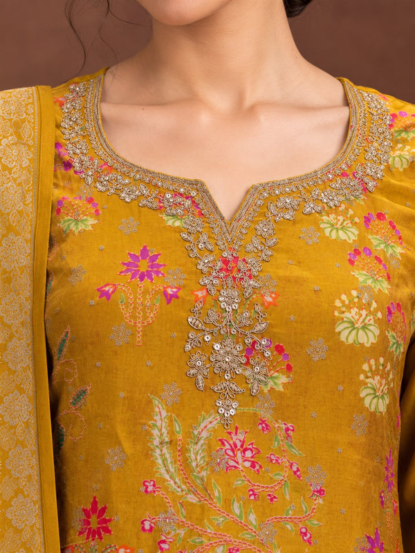 Mustard Floral Silk Blend Suit Set with Dupatta