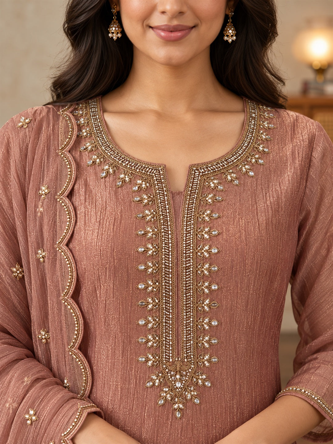 Dusty Rose Floral Embroidered Poly Silk Suit Set