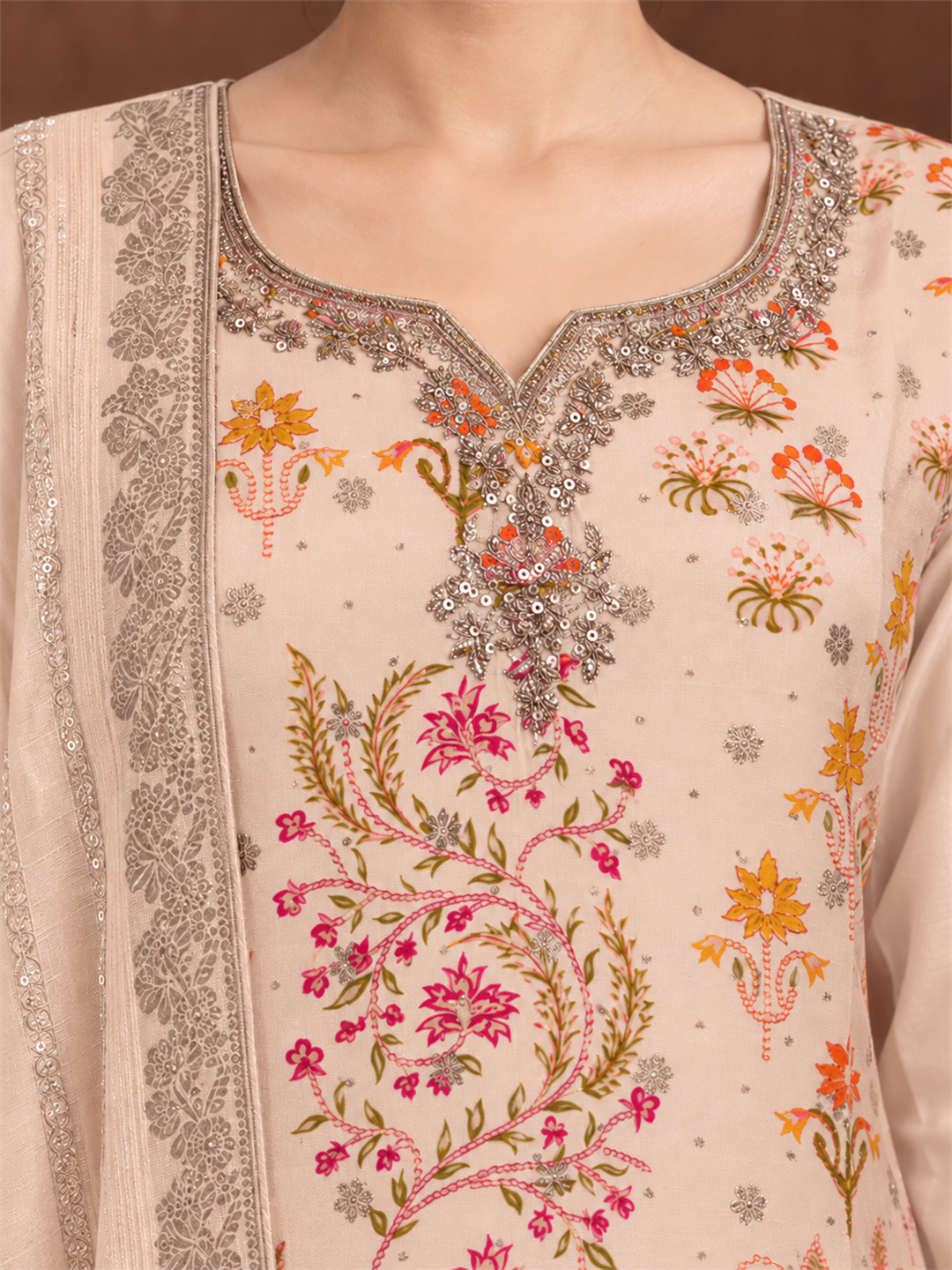 Peach Beige Floral Silk Blend Suit Set with Dupatta