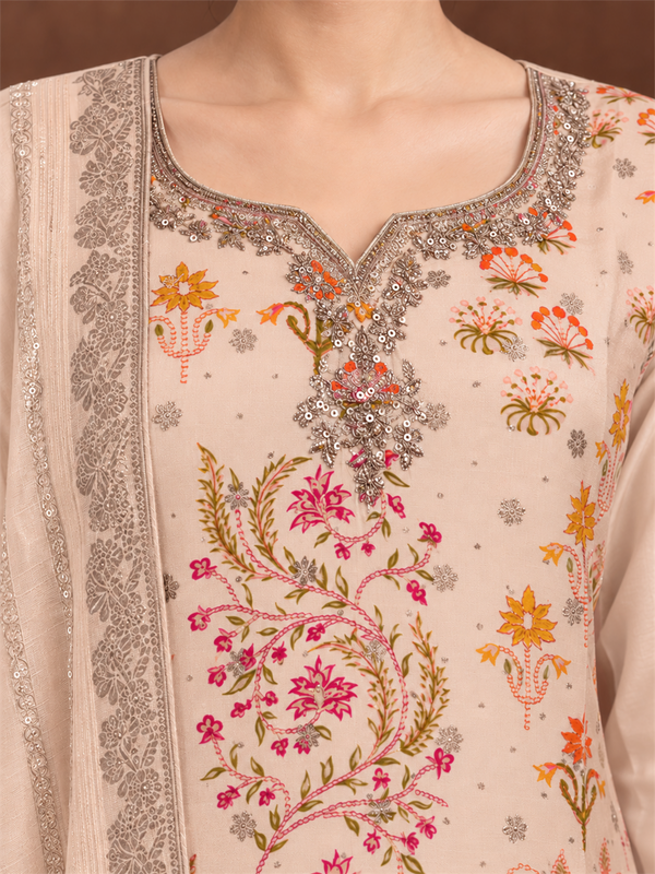 Peach Beige Floral Silk Blend Suit Set with Dupatta
