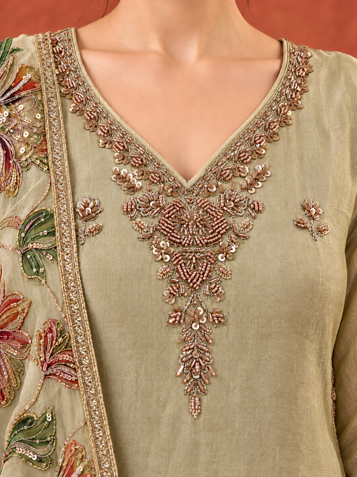 Light Olive Gold Embroidered Pure Silk Suit Set