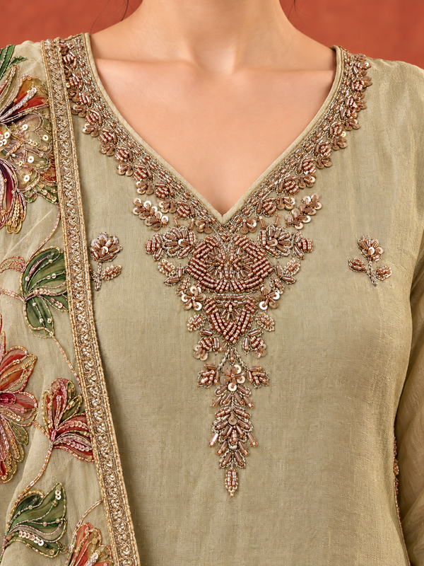 Light Olive Gold Embroidered Pure Silk Suit Set