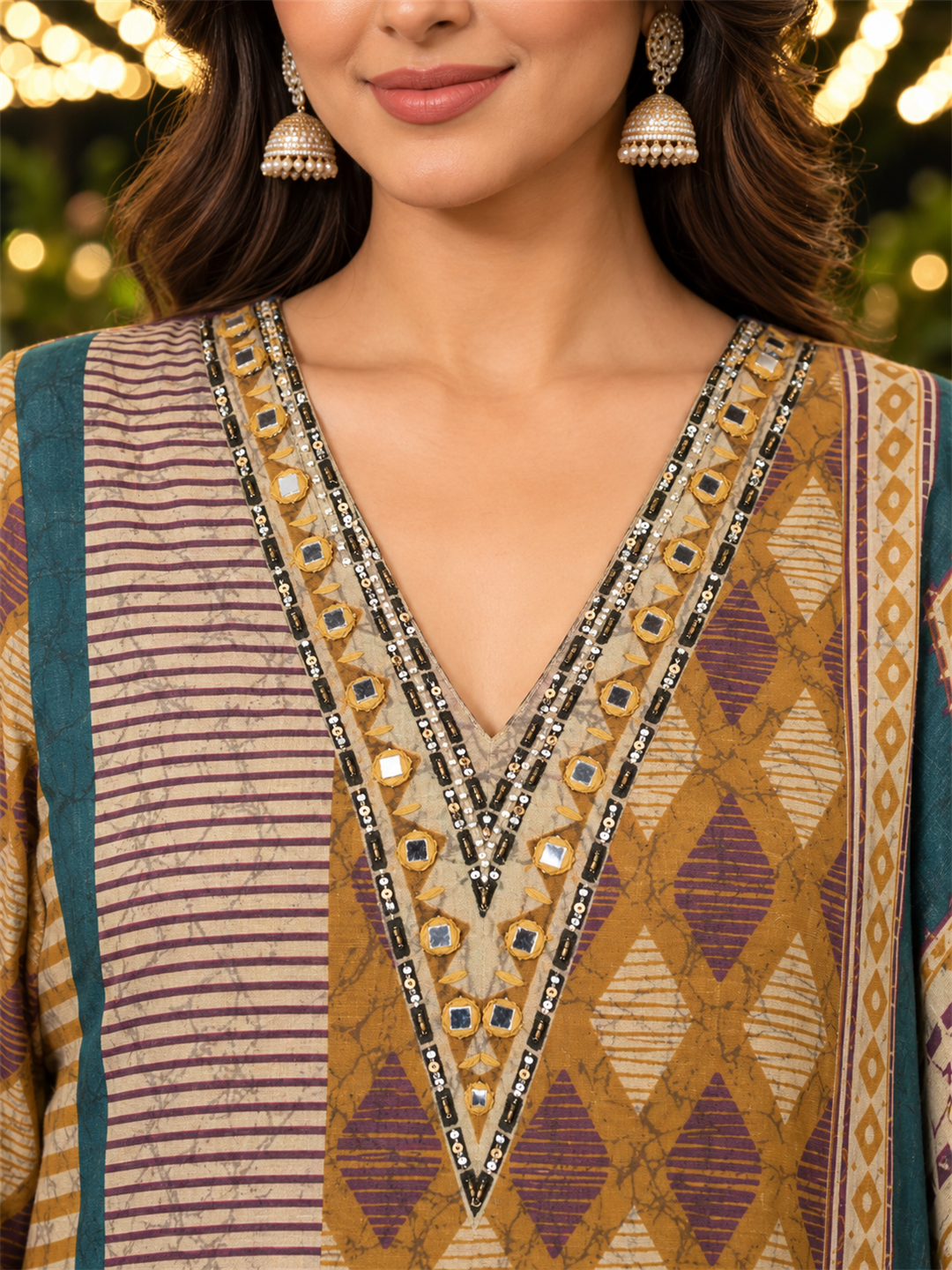 Mustard & Teal Green Geometric Printed Silk Blend Straight Kurta Trouser Set with Dupatta