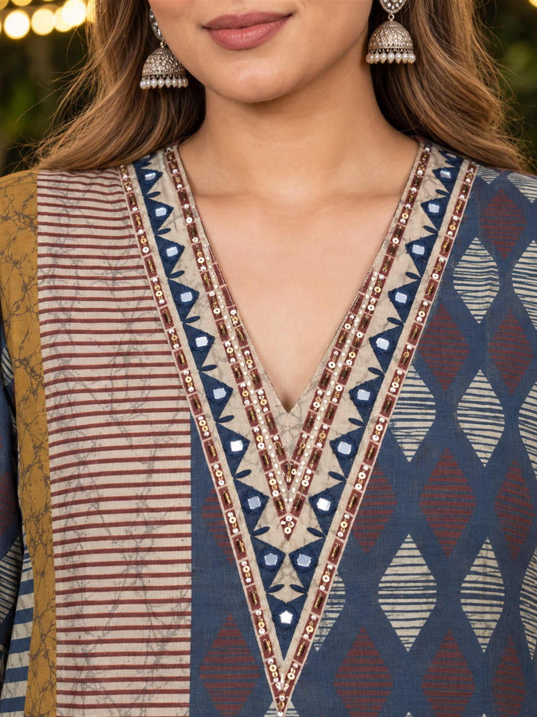 Mustard & Slate Blue Geometric Printed Silk Blend Kurta Trouser Set with Dupatta