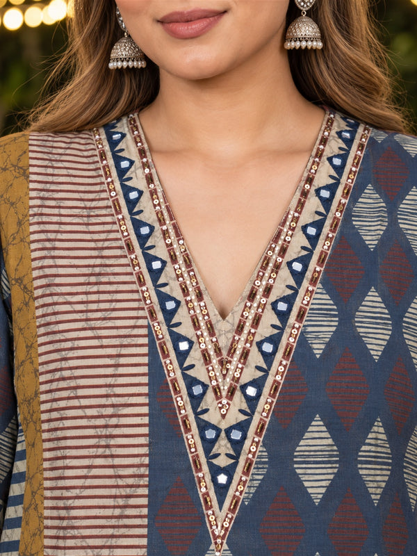 Mustard & Slate Blue Geometric Printed Silk Blend Kurta Trouser Set with Dupatta