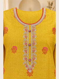 Women's Yellow Chanderi Cotton Embroidered Kurta With Trouser And Dupatta