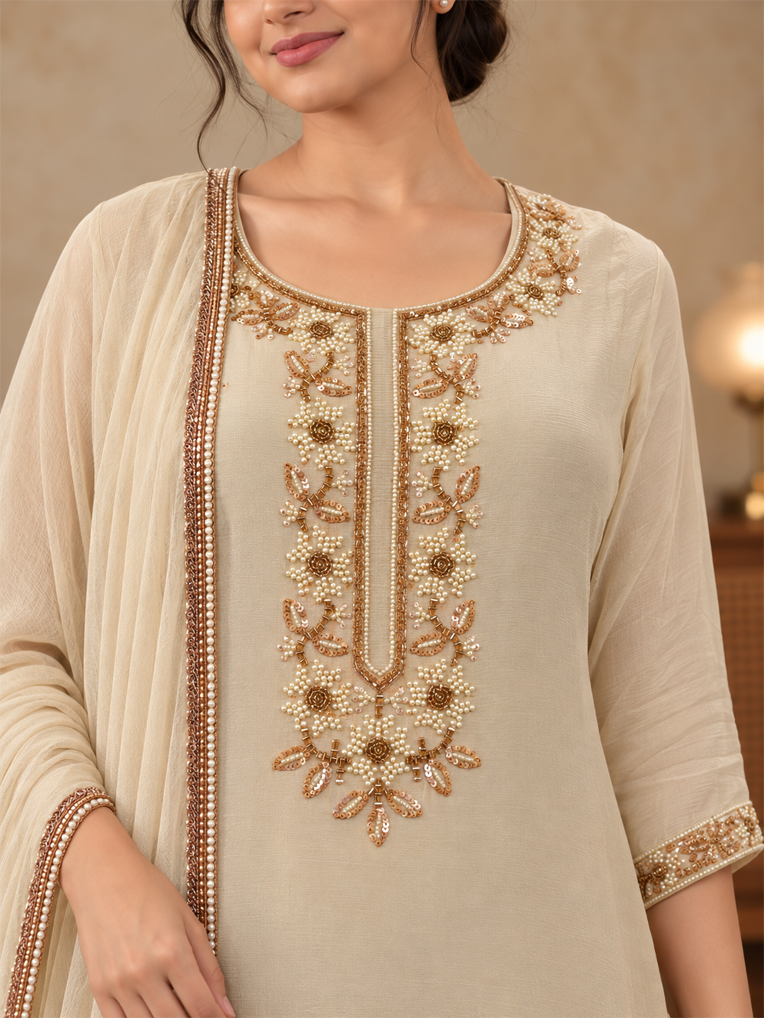 Ivory Gold Embroidered Chinon Palazzo Suit Set