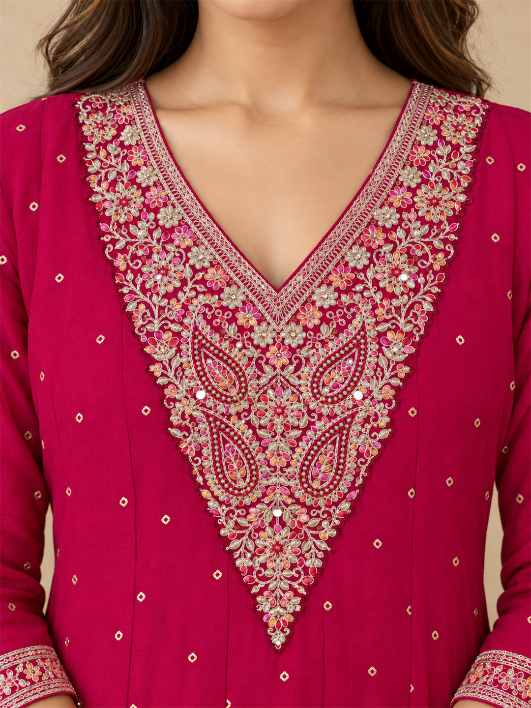 Rani Pink Chanderi Silk Golden Embroidered Anarkali Kurta Pant Set with Dupatta