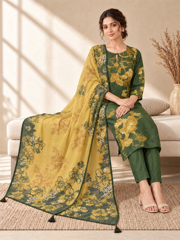 Green Floral Printed Kurta Set with Dupatta