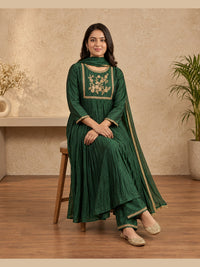 Emerald Green Floral Embroidered Anarkali Set with Dupatta