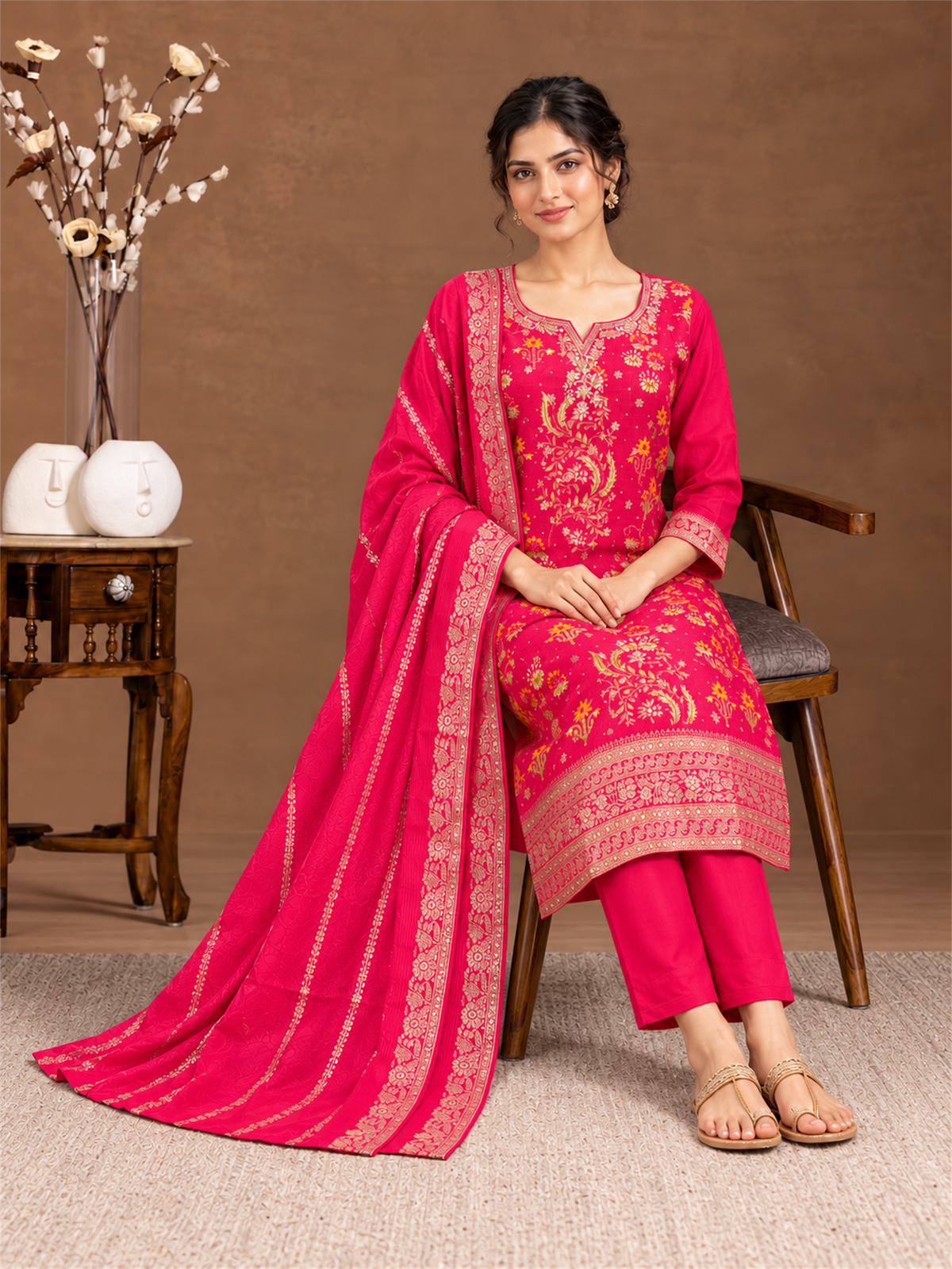 Rani Pink Floral Silk Blend Suit Set with Dupatta