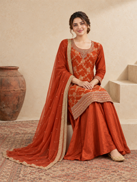 Rust Embroidered Silk Blend Sharara Suit with Dupatta