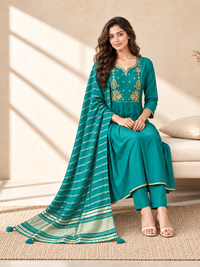 Teal Chanderi Silk Embroidered Anarkali Suit with Striped Dupatta