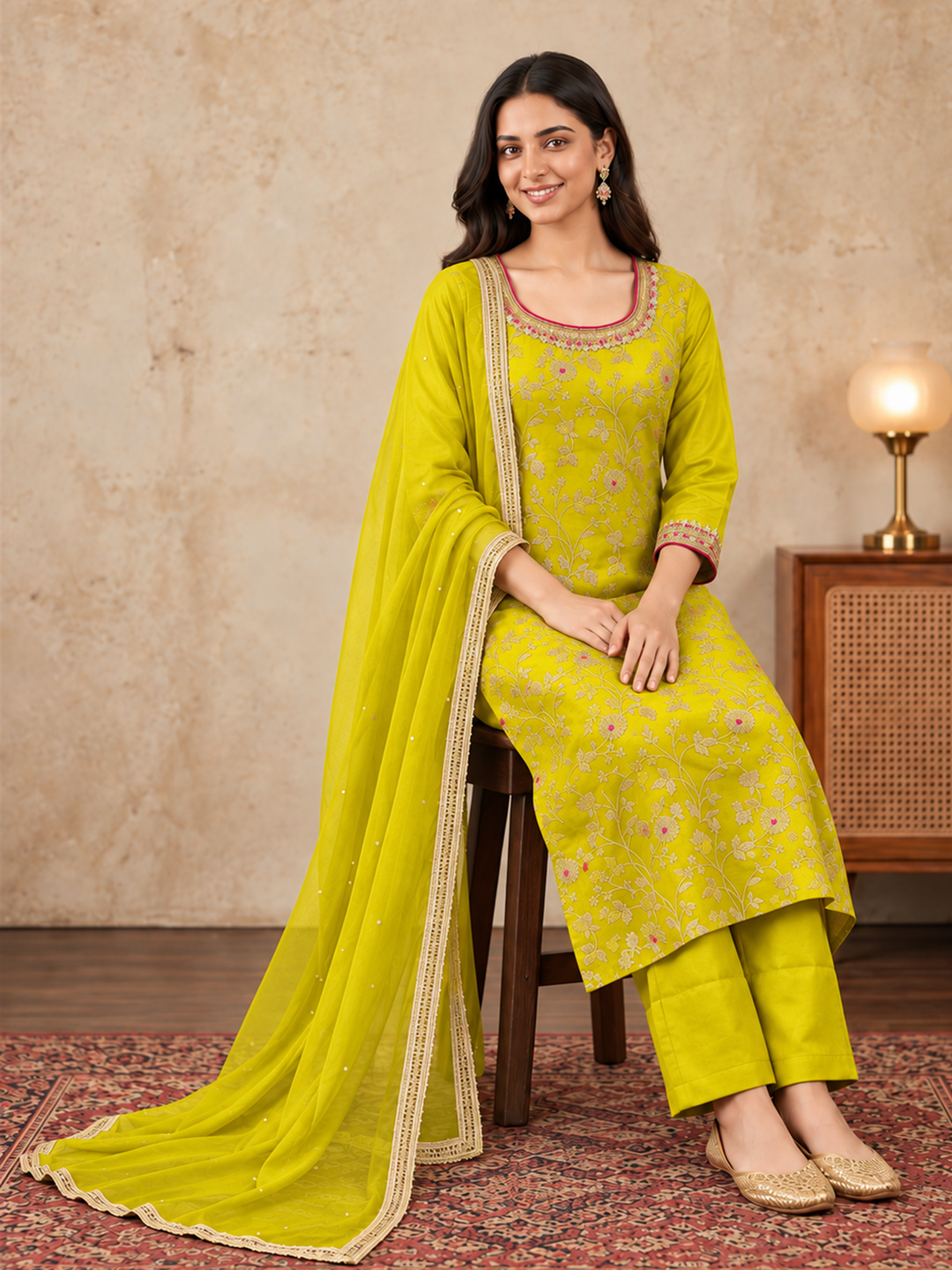 Lime Yellow Floral Embroidered Silk Blend Kurta Set with Dupatta