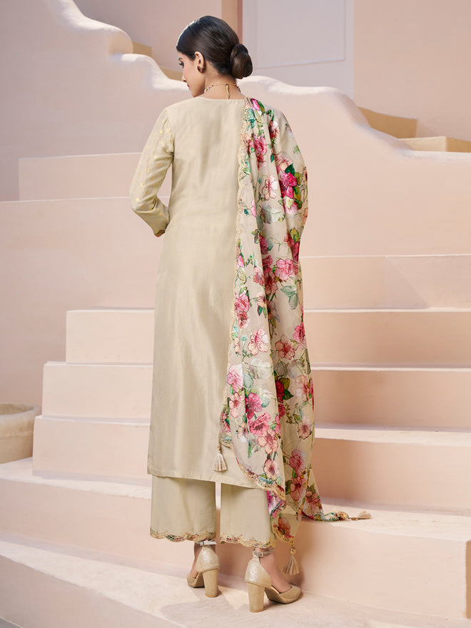 Cream Applique Jacquard Kurta Set with Floral Print Dupatta